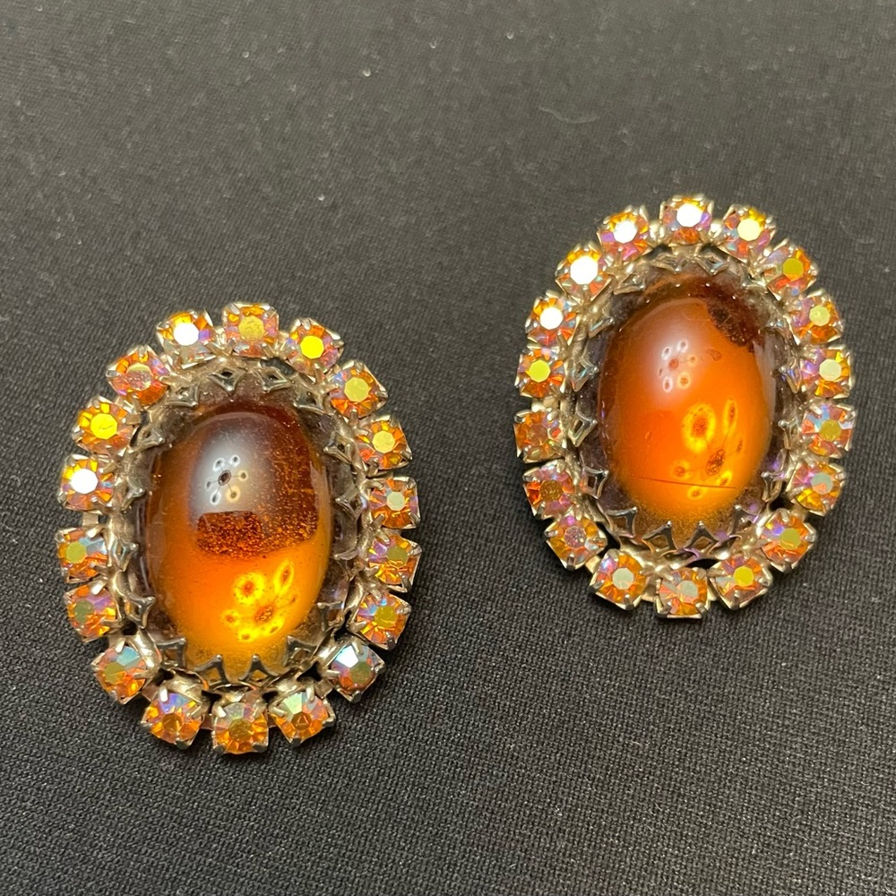 Vintage Aurora Borealis and Amber Glass Stone Clip On Statement Earrings